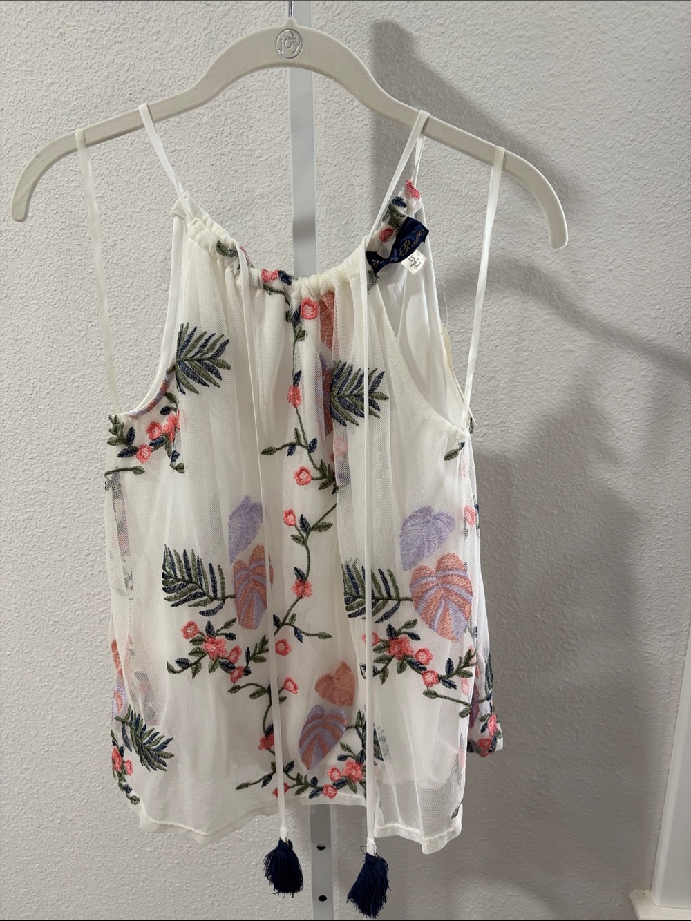 Blue Rain White Floral Embroidered Camisole with Tassel Ties